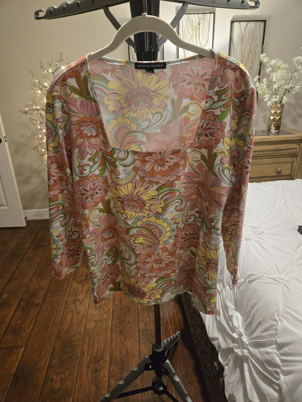 Boston Proper Pink Yellow Floral Scoop-Neck Blouse